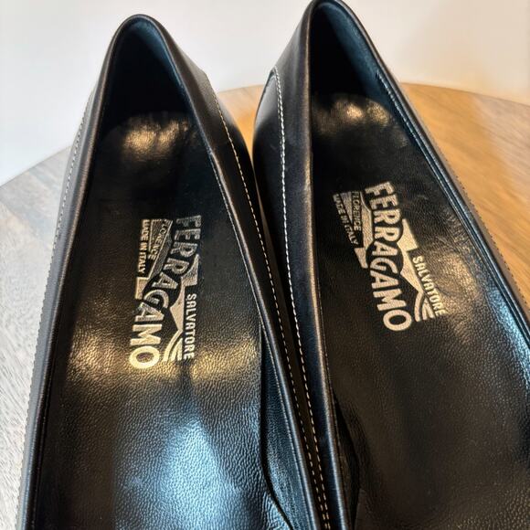Salvatore Ferragamo Black Leather Gancini Loafers 7.5 B Italy Stitch Flats - Picture 7 of 11